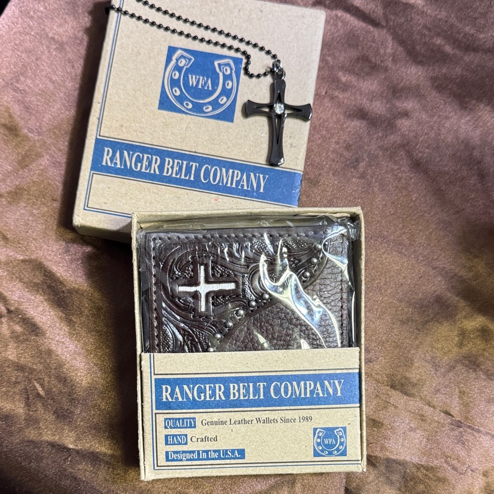 Ranger Belt Company Brown Leather Bifold Wallet + Cross Necklace‎ New with Box